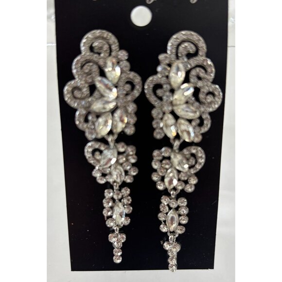 Crystal Rhinestone Statement Dangle Earrings For Women Silver-Tone Elegant Desig - Picture 1 of 3